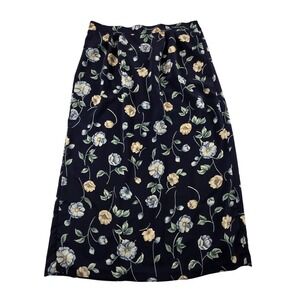 Floral Midi Skirt Elastic Waist Navy Blue Vintage 34 Large Cottagecore Spring